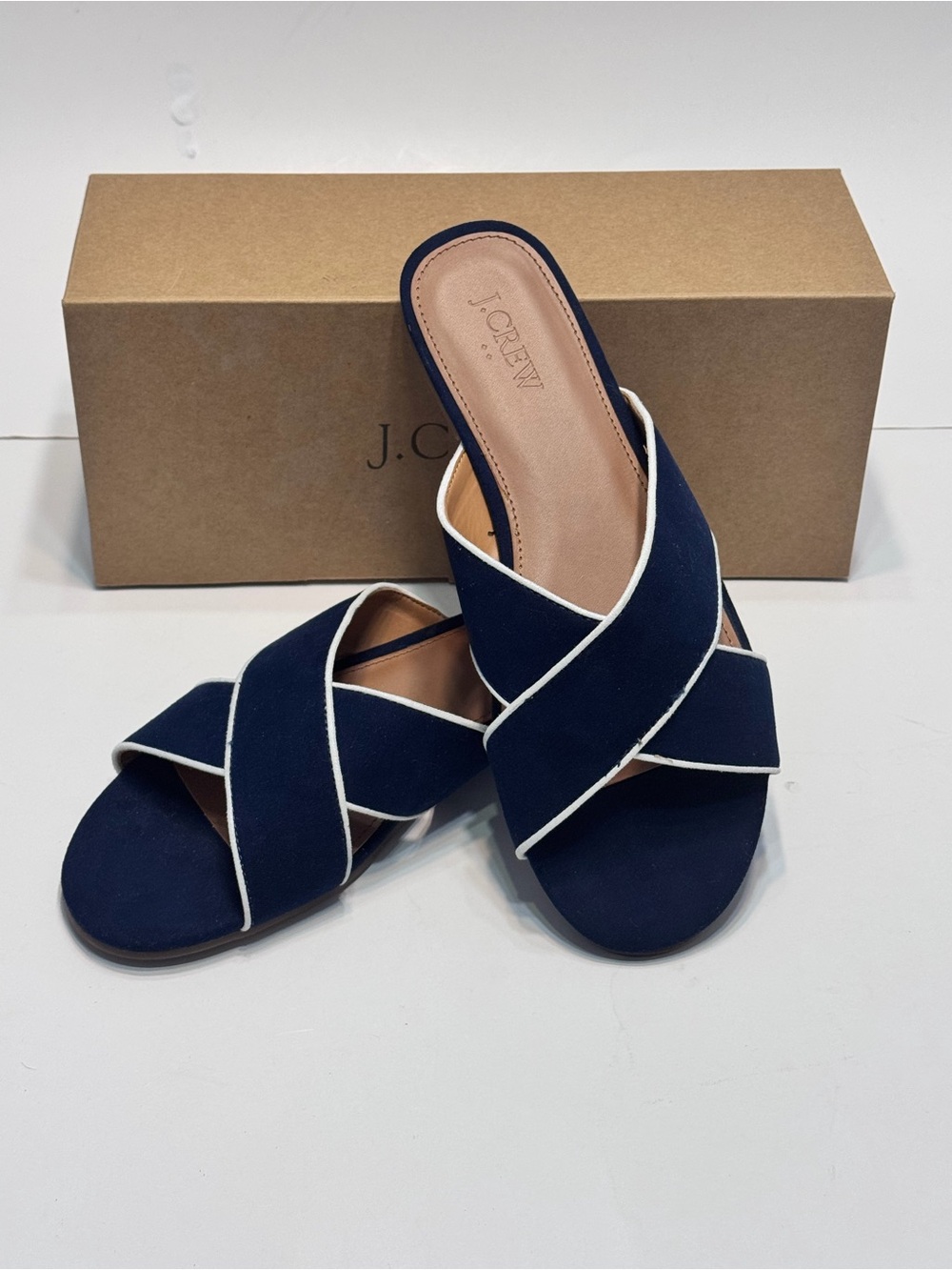 NWT J. Crew Microsuede Navy Slide Mules with White Piping